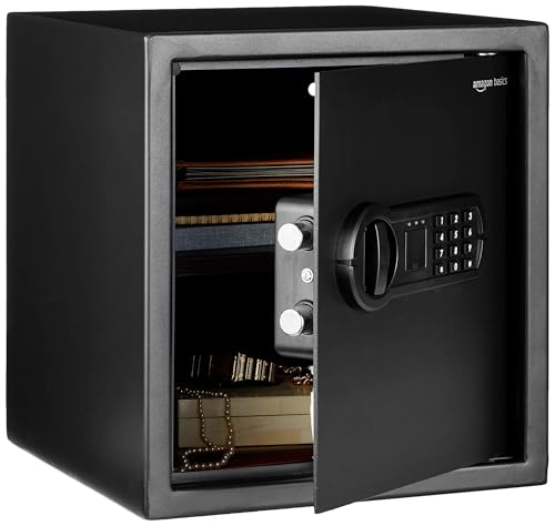 Amazon Basics Steel Home Security Electronic Safe with Digital Keypad, Programmable Lock for Important Documents, Jewelry, Valuables, 1.2 Cubic Feet, Black, 13"W x 13"D x 14.2"H