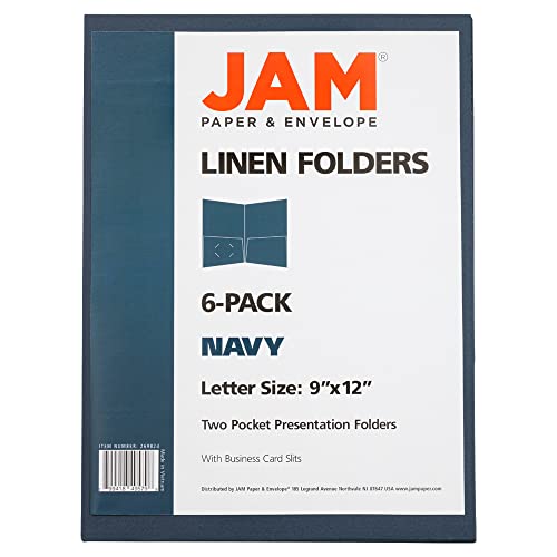 JAM PAPER Two Pocket Textured Linen Presentation Folders - Letter Size Business Folder - Navy Blue - Bulk 100/Box