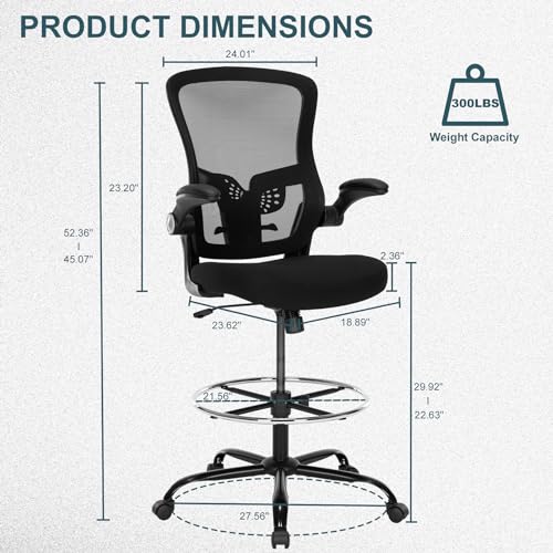 Luckyear Ergonomic Drafting Chair – Tall Office Chair for Standing Desk, Adjustable Height Mesh Chair with Footrest and Flip-Up Arms, Counter Stool, Black