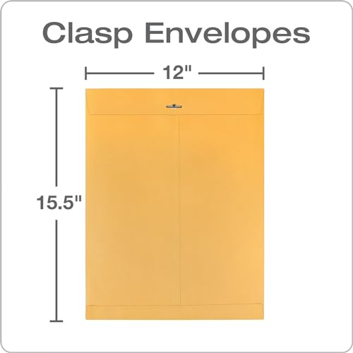 Quality Park 12 x 15-1/2 Clasp Envelopes, Clasp and Gummed Closures, for Oversized Papers, Drawings or Posters, 32 lb Kraft Paper, 100/Box (QUA37810)