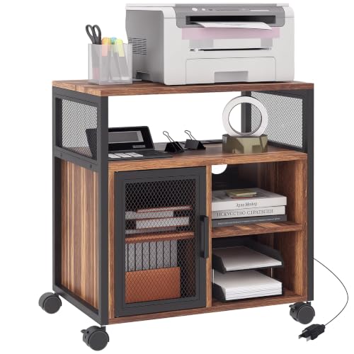 Vinsetto Printer Stand Table with Socket USB Charging Ports, Rustic Brown