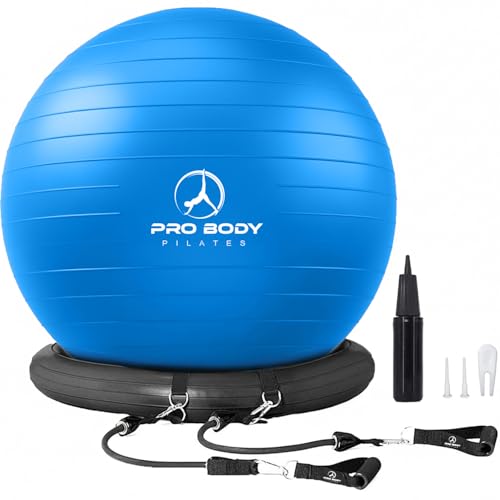 ProBody Pilates Yoga Ball Chair for Office - Resistance Bands, 65 cm, Blue