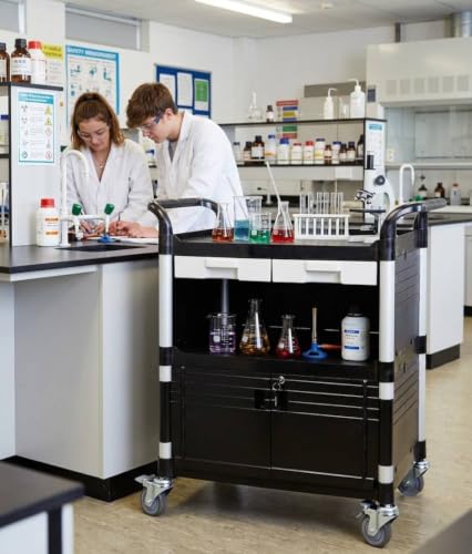 JaboEquip 3 Tier Heavy Duty Utility Cart, Lockable Medical Cart, 606 lbs Load for Lab, Hospital, Office, JB-3KD1, Black