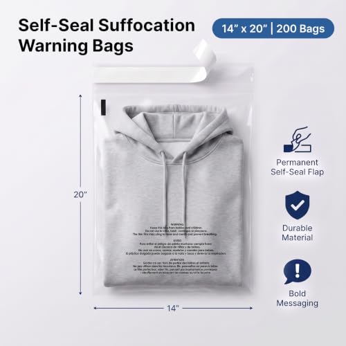 14” X 20” (200 Count) Self Seal Clear Poly Bags with Suffocation Warning