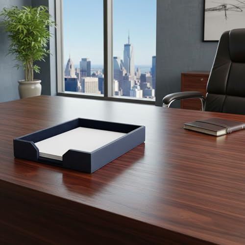 DACASSO Bonded Leather Desktop Letter Tray - Luxury Letter Holder & Paper Organizer for Desk - Office Organization & Executive Desk Decor - (Navy Blue) 13.5 x 10.5 x 2