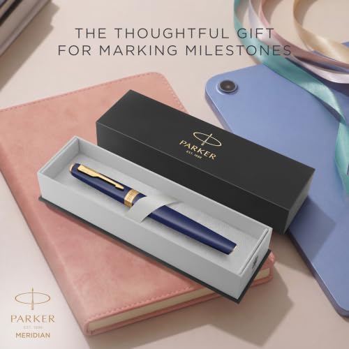 PARKER Meridian Rollerball Pen | Blue Lacquer with Gold Trims | Fine Nib | Handwriting Pens & Stationery Supplies | Black Ink | Luxury Gift Box