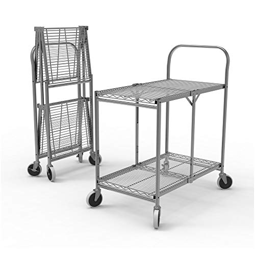 Luxor WSCC-2 Two-Shelf Collapsible Wire Utility Cart with Wheels, Push Heavy Duty,Holds 200 Pounds and Folds Up for Storage, 37"W x 18.25"D x 30.5"H