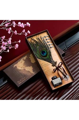 SODEF Peacock Feather Dip Pen & Ink Pot Set | Vintage Calligraphy Art | Nostalgic Writing Tool | Premium Gift