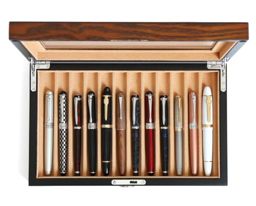 Besforu Wooden Pen Display Case – 12 Slot Lockable Fountain Pen Storage Box, Brown Collectors Display with Glass Top, Gift for Men