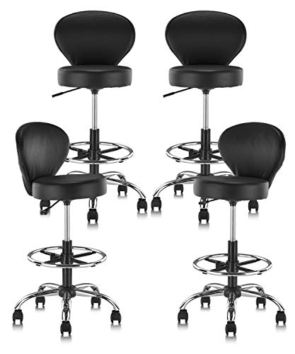 KLASIKA PVC Faux Leather Drafting Chair Set of 4 Rolling Swivel Salon Stool with Back Foot Rest Adjustable Hydraulic Seat Height 30 Inch Diameter 15 in Lumbar Support for Massage Facial Spa 4 Pack