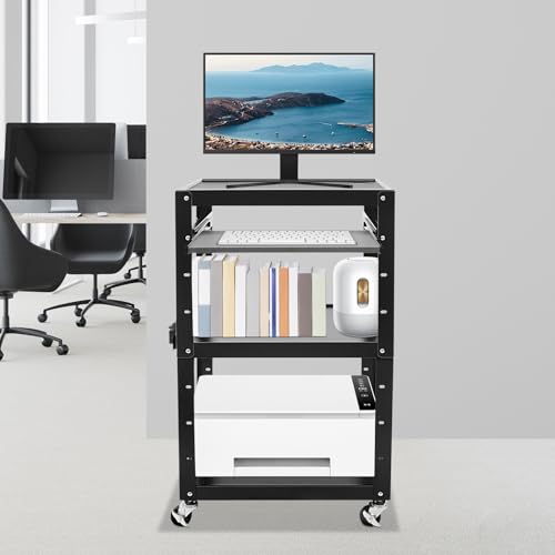 Heavy Duty AV Cart on Wheels, Cold-Rolled Steel Media Cart with 66 lbs Load Capacity per Shelf, 4-Tier Mobile Printer Stand with Non-Slip Mat & Cable Holes, Rolling Workstation for Home Office Library