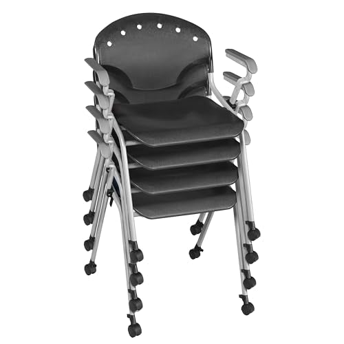 Romig Rico Mobile Stack Chair with Arms – Black Rolling Classroom & Training Chair with Durable Plastic Seat, Ventilated Back, Casters & Supportive Armrests for Easy Mobility (4 Pack)