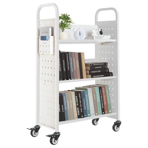 VEVOR Rolling Library Book Cart, 330 lbs Capacity, 30.3 x 15 x 48.0-Inch Library Cart, Single Sided V-Shaped Shelves with 3-Inch Lockable Wheels, Book Truck for Home Shelves Office and School, White
