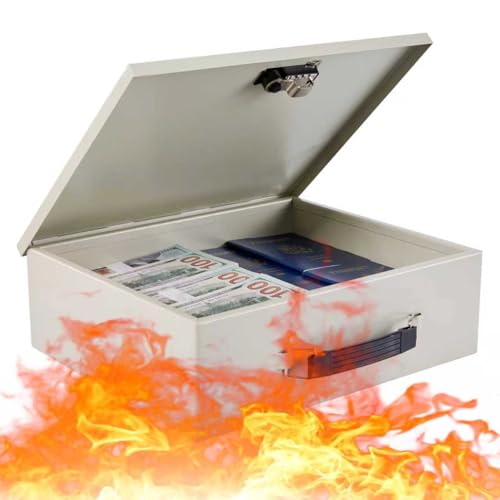 Fireproof Document Lock Box, Large Safe Storage Box for Valuables,Fire Resistance Security Chest, Fireproof Box for Documents,Passport, Cash 13.2''x 11''x4.1", White