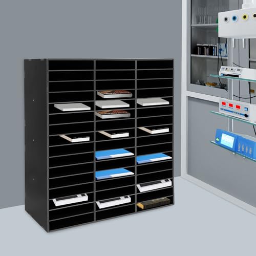 48 Slot Mail & Paper Organizer, High-Class PVC Literature Sorter Cabinet with 110 Lbs Capacity, Desktop Storage for Office, Classroom, Home, Library & Craft Room (Black)