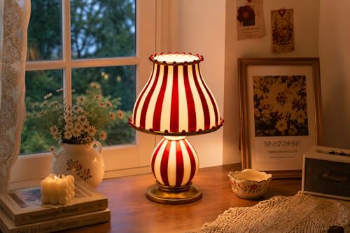 ONEBAO Vintage Circus Table Lamp, Retro Red White Striped Glass Bedside Lamp, Mid Century Modern Decorative Desk Light, Artistic Ambient Lighting for Bedroom Living Room Coffee Bar Home Decor