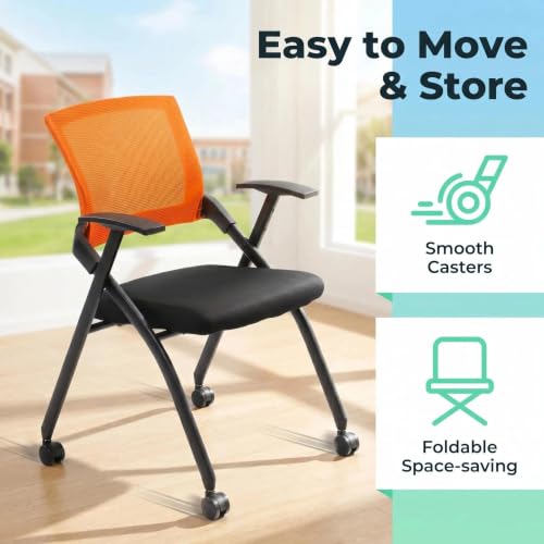 1 Pack Folding Conference Room Chair with Wheels, Orange Backrest