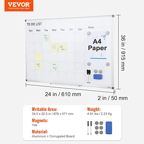 VEVOR Dry Erase Calendar for Wall, 36 x 24 Inches Whiteboard Calendar, Monthly Planner Magnetic Dry Erase Board, 1 Magnetic Erase & 2 Dry Erase Marker & Movable Tray for Restaurant Office Home School