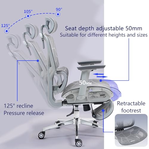 QOYBGJDD Ergonomic Office Chair, Mesh Office Chair with Footrest Headrest and Lumbar Support, Comfy Office Chair with 3D Adjustable Armrest, Tilt Function High Backrest Swivel Chairs(Black)