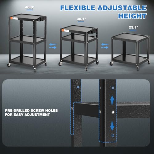 3 Shelf Metal Utility Cart with Wheels & Power Strip - Steel Mobile AV Cart for Video Projector, TV, Laptop, Computers, Printers - Height Adjustable Media Carts for Office Classroom Warehouse