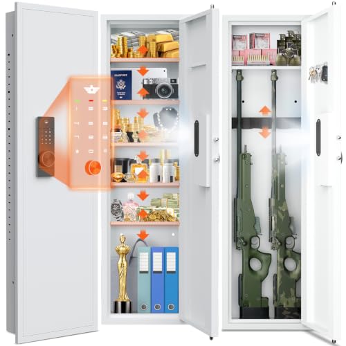 kavey 53.15" Wall Safe Between the Studs, Digital Hidden Safe with LCD Backlit Keypad, Large Wall Gun Safe with 5 Adjustable Shelves & Magnetic Slot for Home (White-Digital)