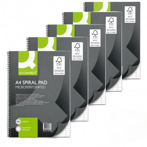 Q-CONNECT Ruled Margin Spiral Soft Cover Notebook 80 Pages, A4, Pack of 5