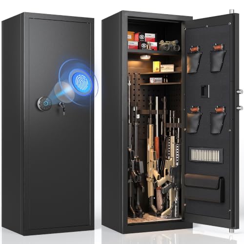 KAER Biometric Gun Safe for Rifles and Pistols, 12-15 Rifle Safe Quick Access (Fits Scoped Rifles) with 24/7 Burglar Alarm, Adjustable Shelves & Pistol Pockets, Gun Cabinet for Home, Office