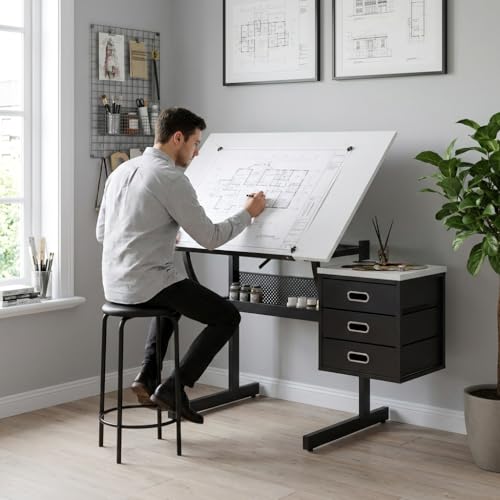 VENLUSUIR Drafting Table with Storage, Adjustable Art Desk & Art Table with Stool, 0-75° Tilting Top, 3 Drawers for Diamond Painting, Architecture, Animation, Office (Adults & Teens) (White)