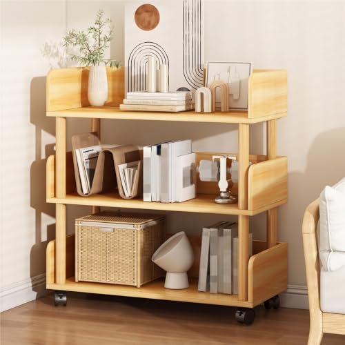 LLXMGRSH Rolling Bookshelf with Wheels, 4 Tier Mobile Bookcase, Narrow Storage Cart with Casters, Wood Standing Organizer, Portable Shelving Unit for Living Room, Bedroom(A,80CM/31.4IN)