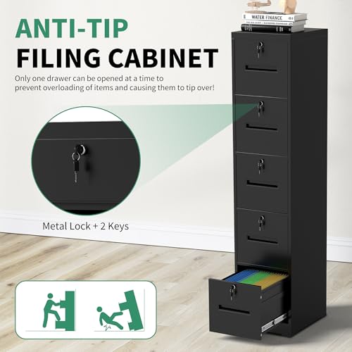 VIYET File Cabinet 5 Drawer with Lock, Vertical Filing Cabinets for Home Office, Metal Steel Storage Cabinet for Letter/Legal Size File, Assembly Required(Black)