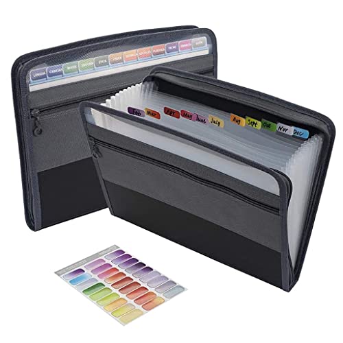 HBJWOV 2 pc A4 Expanding File Folder with Sticky Labels,13 Pockets Accordion Document Organizer Expanding File Folder with Zipper Closure