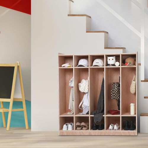 5-Section Classroom Coat Locker, 10 Cubbies for Classrooms with Anti-tip Kit, Daycare Cubby with 4 Casters, 5 Hooks & 2 Storage Boxes, Wooden Storage Cabinet for Home, School, Kindergarten