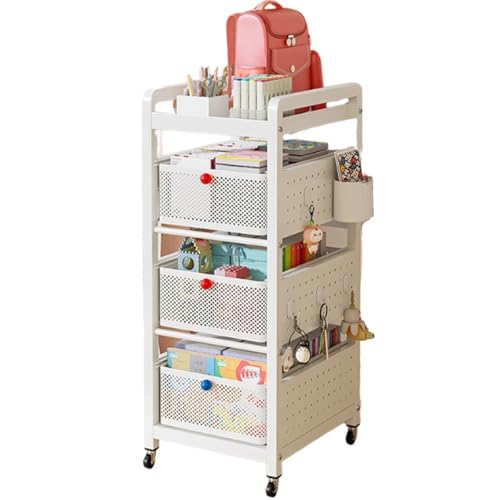 JS Ellie Bookcart with Drawers and Wheels, Movable Carbon Steel Bookshelf with Robust Load-Bearing Capacity, Suitable for bedrooms, Living Rooms, bathrooms, Kitchens, and Studies White 4-Tier