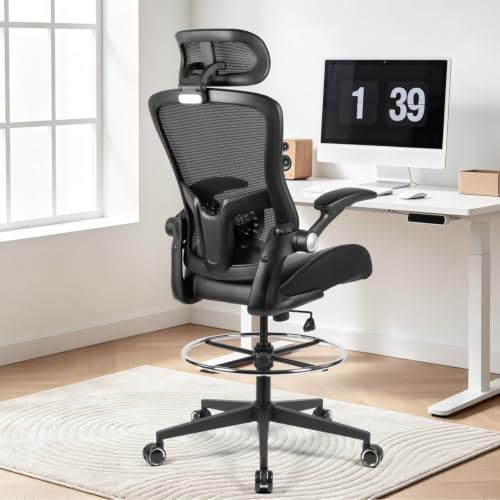 Jorixa Drafting Chair 400lbs, Tall Office Chair with Headrest, Standing Desk Chair Counter Height Office Chairs with Flip-up Armrests Footrest and Adjustable Lumbar Support Black