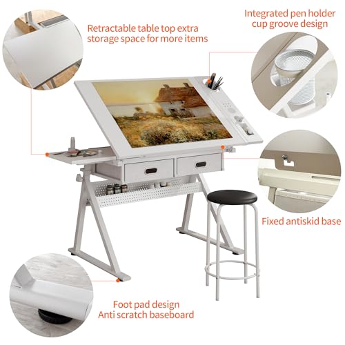 WZONICE98 Adjustable Drafting Table Desk, 38.58” x 23.62” MDF Metal Writing Desk with 2 Storage Drawers & Stool, Height & Tilt Adjustable Art Workstation for Home Office School Study