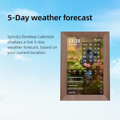 SyncGo 10.1 Inch Smart Wi-Fi Digital Calendar (Wood Grain) - Displays Your Photos, Wi-Fi Sync with Google Calendar, Wide Angle HD View