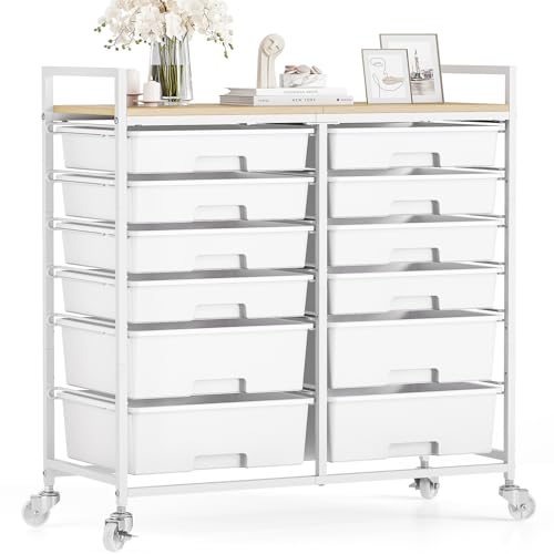 TOOLF 12 Drawers Rolling Storage Cart with Wooden Top for Classroom,White