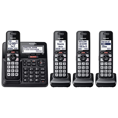 Panasonic Cordless Phone with Advanced Call Block, One-Ring Scam Alert, and 2-Way Recording, Cordless Phone with Answering Machine, 4 Handsets - KX-TGF944B (Black)