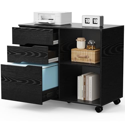OLIXIS 3 Drawer File Cabinet Mobile Lateral Printer Stand with Adjustable Storage Shelves for Home Office Small Space, Black