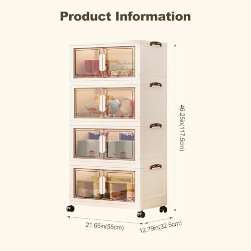 Ergocar Storage Box, Magnetic double opening door large -capacity locker，Transparent Stacking Plastic Storage Boxes with Pulley, for Bedroom, Living Room, Office and Kitchen
