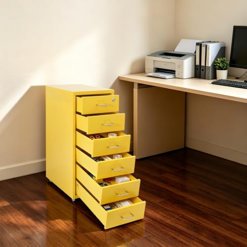 6‑Drawer Lockable Vertical Metal File Cabinet Wheeled Organizer, Yellow