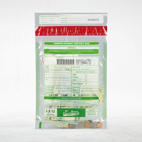 500 Cashier Depot Tamper Evident Bank Deposit Bags, 9" x 12" Clear, 500 Count, Serialized Numbering with Barcode, Press and Seal Void Closure, Perforated Receipt, Made in USA