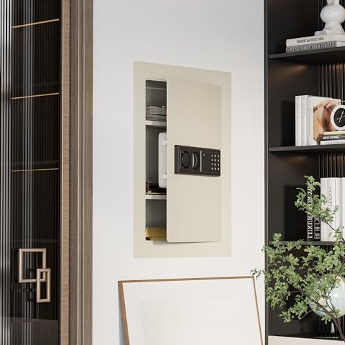 ERGOMASTER Wall Safe, Hidden In Wall Safe Between Studs, with Digital Keypad, Removable Shelf, for Gun Passports Money Jewelry, White