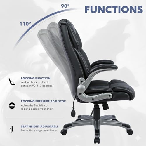 COLAMY Ergonomic Executive Office Chair with Lumbar Support, Flip-Up Arms, Bonded Leather High Back Desk Chair for Home Office & Workstation, Computer Chair for Adults Men Women, Black