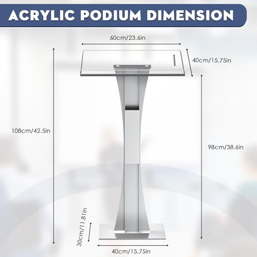 42.5" Pulpits for Churches, Acrylic Podium Stand with Iron Stable Bottom, Pulpit with 10MM Thickened Acrylic Countertop, Multi Function Lectern for Classroom Music Concert Conference