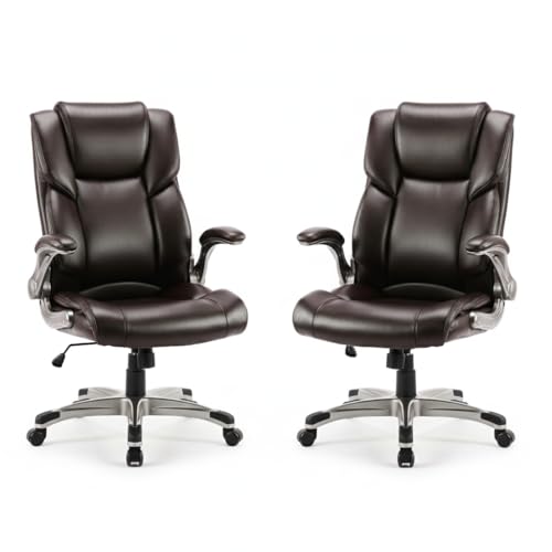 Ergonomic High Back Executive Office Chair with Adjustable Lumbar Support, Leather Office Chair with Flip-up Armrests, Swivel Computer Task Chair for Home Office Workstation, Brown,Set of 2