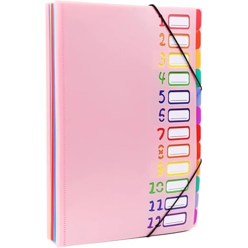 Filing Folder A4 Letter Size, Multicolor 12 Pocket Expanding Project Sorter Heavy Duty Monthly Plastic Expandable Folder Organizer Office Supplies(Pink)