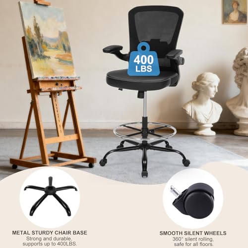 Bondesin Drafting Chair Tall Office Chair with PU Leather Seat, 400lbs Ergonomic Standing Desk Chair with Lumbar Support,Counter Stool with Adjustable Footrest Ring & Flip-up Armrests,Black