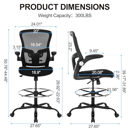 Bondesin Drafting Chair, Ergonomic Tall Office Chair with Lumbar Support Standing Desk Stool with Flip-up Armrests Comfy High Office Desk Chair with Adjustable Foot Ring for Counter Height Desk, Black