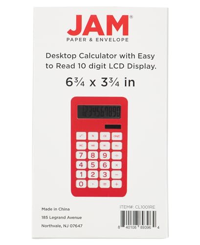 JAM PAPER Desktop Calculator - 10 Digit LCD Display - 3 3/4 x 6 3/4 Inches - Red - Bulk 10/Pack